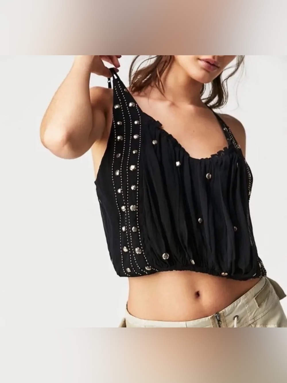 Free People Virgo Tank Top Black Stud Embellished Crop Tank XS NWOT